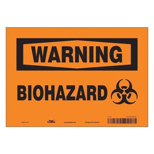 Biohazard Sign, 7 in H, 10 in W, Vinyl, Vertical Rectangle, English, 447X62