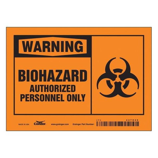 Biohazard Sign, 5 in H, 7 in W, Vinyl, Horizontal Rectangle, English, 447X49