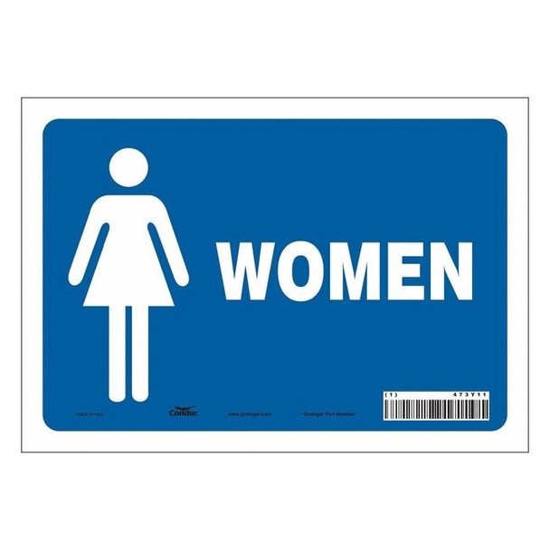 Restroom Sign, WOMEN, 10 in W x 7 in H, Vertical Rectangle, Vinyl, 473Y11