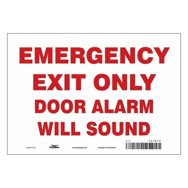 Exit Sign, Vinyl, 10" W, 7" H, Emergency Exit Only Door Alarm Will Sound, White