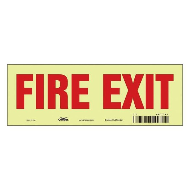 Safety Sign Emergency Exit, Glow Vinyl, 10 in W, 3 1/2 in H, FIRE EXIT, White