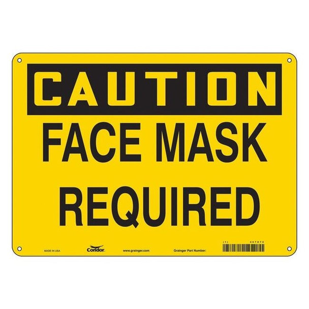 Condor Face Mask Required Sign, 14" W x 10" H, English, Plastic, Yellow 467X72