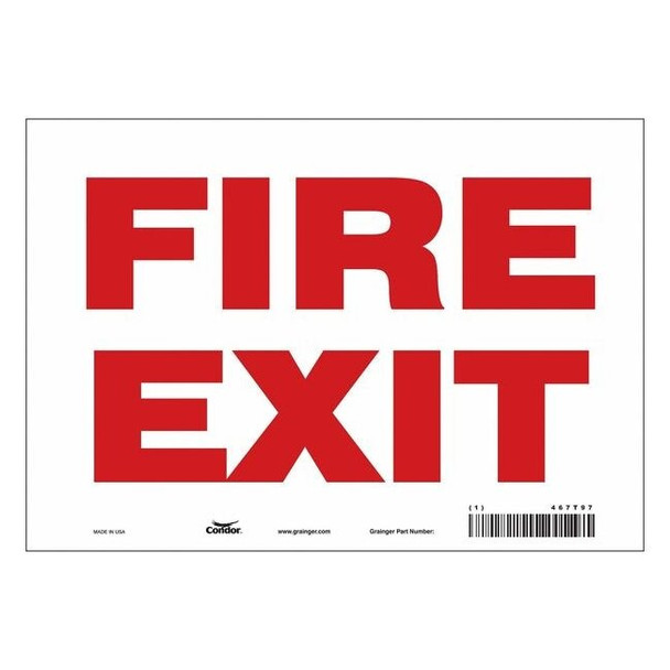 Safety Sign Emergency Exit, Vinyl, 10 in W, 7 in H, FIRE EXIT, White