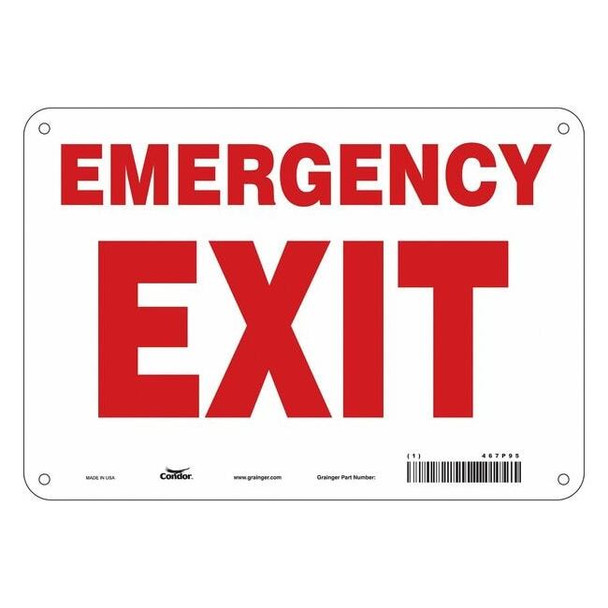 Condor Exit Sign, Plastic, 10" W, 7" H, Emergency Exit, White 467P95