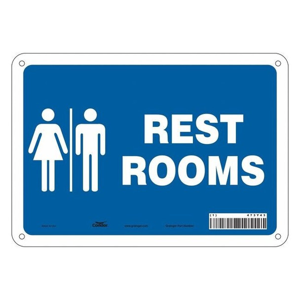 RESTROOMS, 10 in W x 7 in H, Vertical Rectangle, Polyethylene, 473Y43