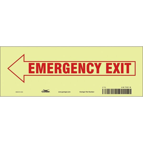 Condor Exit Sign, Vinyl, 10" W, 3-1/2" H, EMERGENCY EXIT W/SYMBOL, White 467R16