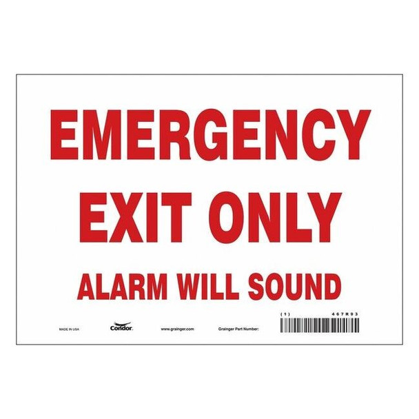 Exit Sign, Vinyl, 10" W, 7" H, Emergency Exit Only Alarm Will Sound, White