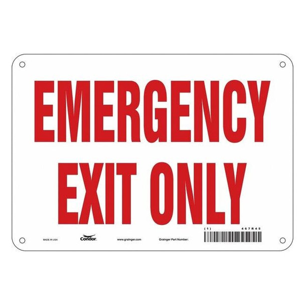 Condor Exit Sign, Plastic, 10" W, 7" H, Emergency Exit Only, White 467R45