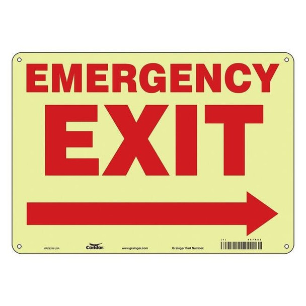 Condor Exit Sign, Plastic, 14" W, 10" H, EMERGENCY EXIT W/SYMBOL, White 467R03