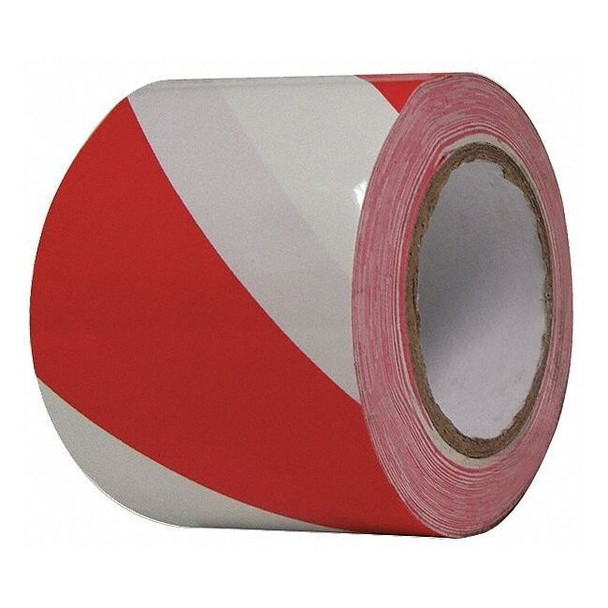 Floor Marking Tape, vinyl, Striped, Red, White, 3 in W., 8 mil Thickness