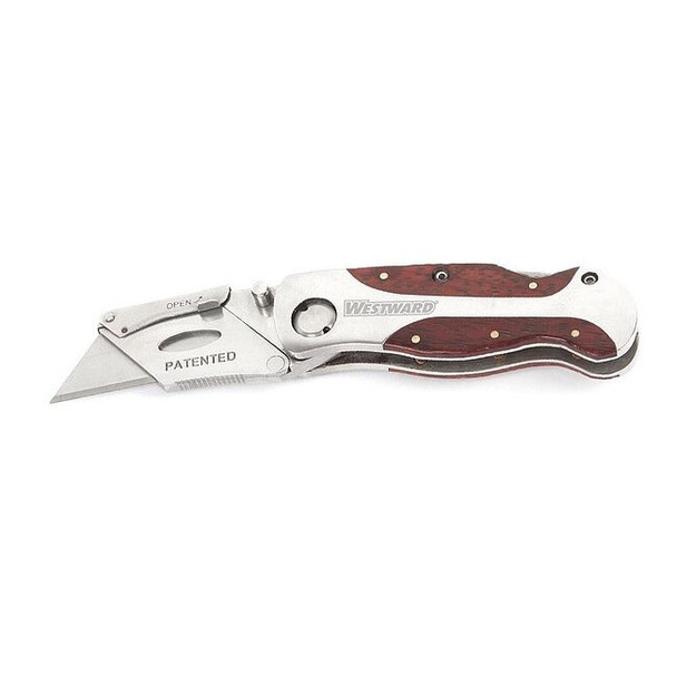 Westward Folding Retractable Clip-Point Utility Knife, Silver/Wood Grain 1YJD8