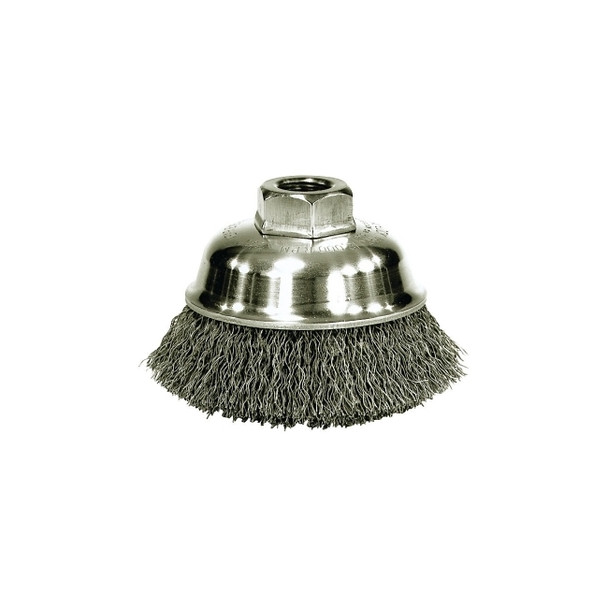 Crimped Wire Cup Brush, 3-1/2 in dia, 5/8-11 UNC Arbor, 0.014 in Steel Wire