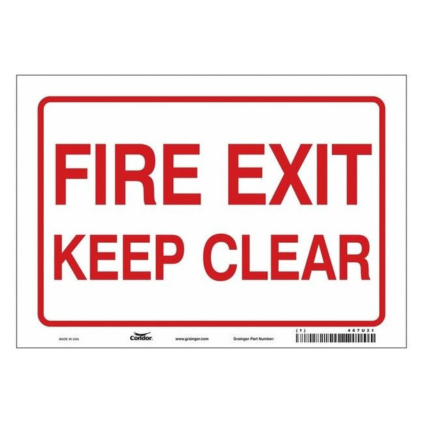 Safety Sign Emergency Exit, Vinyl, 10 in W, 7 in H, FIRE EXIT KEEP CLEAR, White