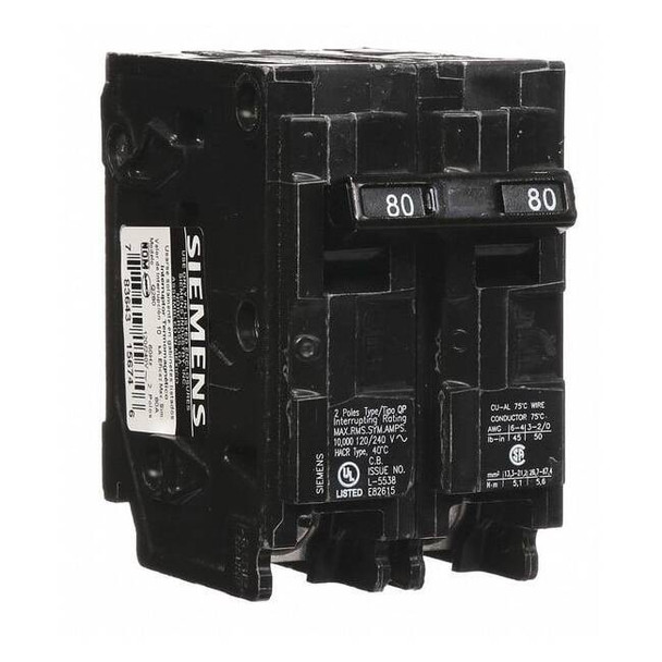 Miniature Circuit Breaker, Q Series, 80A, 2 Pole, 120/240V AC, 10kA at 120V AC