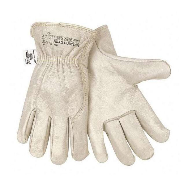 Leather Drivers Gloves, Shirred Slip-On Cuff, Wing Thumb, Beige, XL, 12 PK