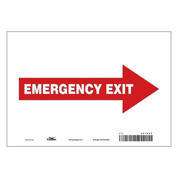 Condor Exit Sign, Vinyl, 10" W, 7" H, EMERGENCY EXIT W/SYMBOL, Red 467R09