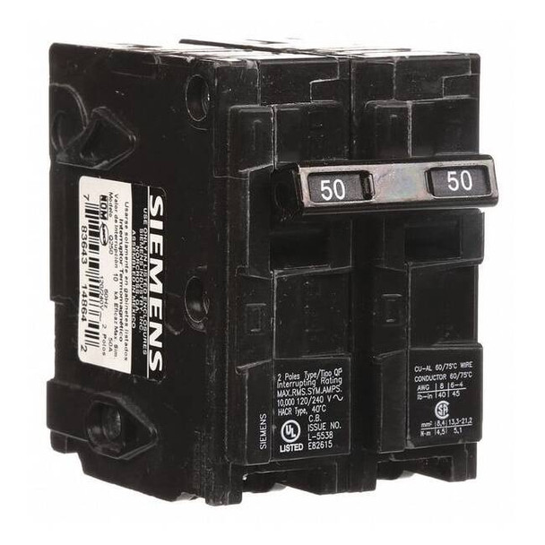Miniature Circuit Breaker, Q Series, 50A, 2 Pole, 120/240V AC, 10kA at 120V AC