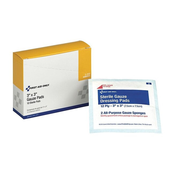 First Aid Only Gauze Pad, Sterile, White, No, Gauze, PK10 3-200