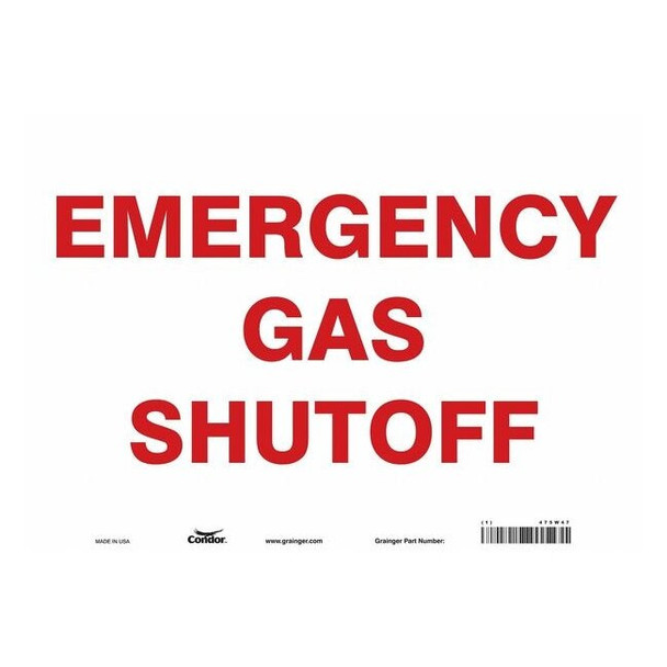 EMERGENCY GAS SHUTOFF, 14 in W x 10 in H, Horizontal Rectangle, Vinyl, 475W47