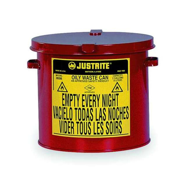 Oily Waste Can, 2 gal, Red, Steel, 9 1/8 in Height, Hand Operated Self-Closing