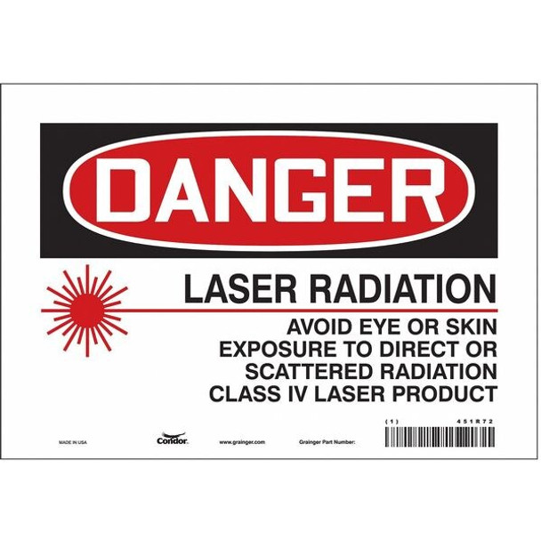 Laser Warning Sign, 7 in H, 10 in W, Vinyl, Vertical Rectangle,451R72
