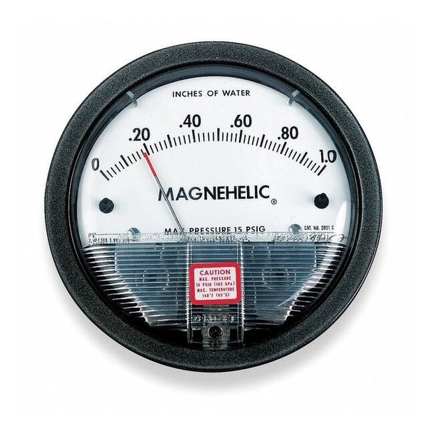 Differential pressure gage, range 5-0-5" w.c., minor divisions .20.