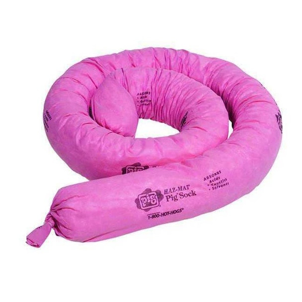 Sorbent Sock, 18 gal, 5 in x 10 ft, Acids, Bases, Unknowns, Pink, 2 PK