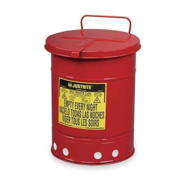 Oily Waste Can, 14 gal, Red, Steel, 20 1/4 in Height, Hand Operated Self-Closing