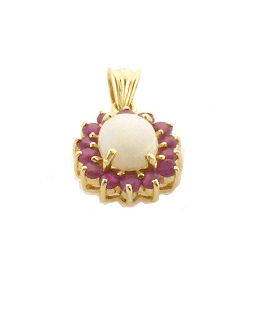 14k gold pendant. weighs 1.4 grams. center opal with 14 rubies around it