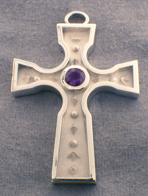 CAD designed cross with amethyst center stone and geometric designs inside a raised boarder. 3 Inches in height but can be changed because of CAD design, price to be quoted on new specifications. In