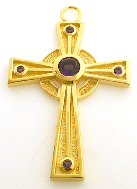 CAD designed cross with amethyst center and small amethyst stones at each arm of the cross. cross is 3.5 inches in height and weighs 3.5 grams in 14K gold.