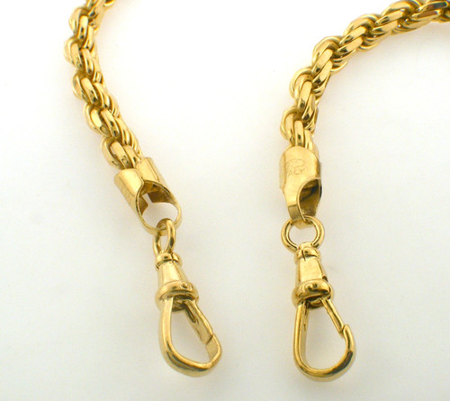 42 inch 5.5mm solid sterling rope chian with 18k gold plating.  Chain weighs approx 113 grams.  Available with 1 or 2 swivel hooks




Second Picture shows 4.2mm vs 5.5mm




Also available with no gold plating