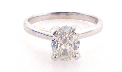 14 karat white gold diamond engagement ring weighing 2.5 grams. Finger size 5.25. Oval diamond is 7.04 x 5.54 x 2.97. Weight is .86 carat . G Color SI2-I1 Clarity 14 karat white gold diamond engagement ring weighing 2.5 grams. Finger size 5.25. Oval diamond is 7.04 x 5.54 x 2.97. Weight is .86 carat . G Color SI2-I1 Clarity