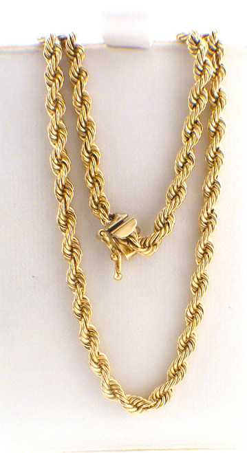14 karat yellow gold hollow rope 24 inches in length weighing 18.7 grams. 4mm thick 14 karat yellow gold hollow rope 24 inches in length weighing 18.7 grams. 4mm thick