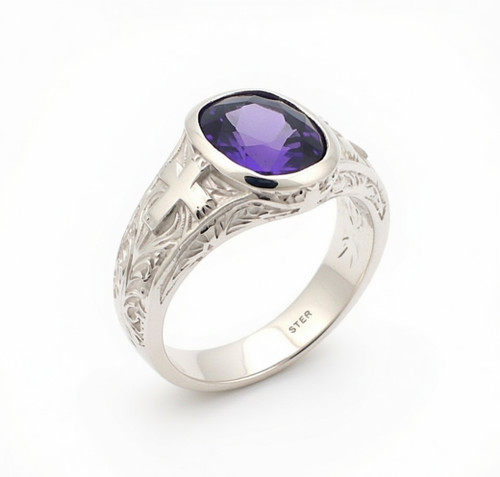Computer Generated Lady Bishop Ring!  Center stone is a 12 x 10 antique cushion cut amethyst  (other stones available).  Available in 14k call for pricing.  This ring is not able to be customized. Weighs approx 9.1 grams in sterling and 11.5 grams in 14k gold.  Price is for Sterling silver and genuine amethyst