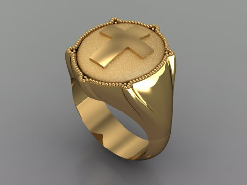 This is a smaller ring with a cross on it and plainer sides.  Weight in 14 karat yellow gold is 25 grams.