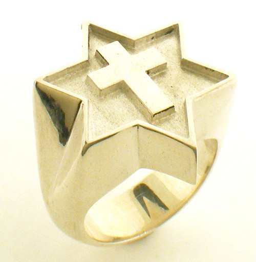This is a cross inside of a Star of David.  Overall size of this ring is 25mm.  Weight in sterling silver is approx 27.8 grams.