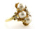 14 karat yellow gold pearl and diamond ring weighing 9.7 grams.  Diamond weigh approx .25ct tw. Pearls are 7.5mm each
