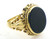 14 karat yellow gold ring with a black onyx center stone. Ring has intricate designs throughout the whole of the ring. The ring weighs 8.5 grams and is for a finger size of 10.75