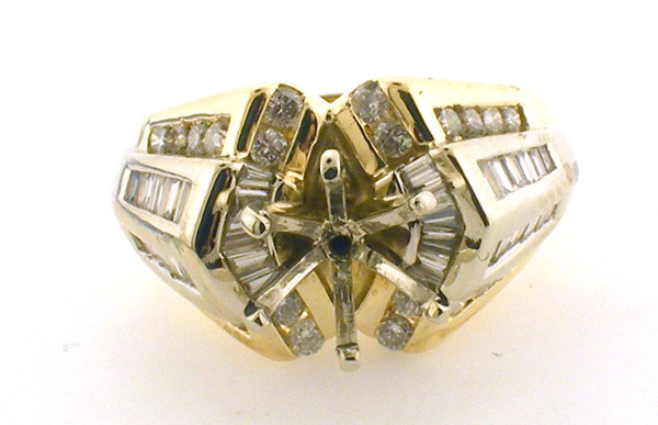 14k gold remount ring. size 6.5 weighing 8.2 grams. 24 Round Brilliant Cut at .36 ct and 34 Baguette cut at .68 for a total diamond weight of approximately 1.0ct