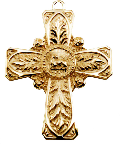 This is a 4 inch height by 3 inch wide by 3mm thick Lamb of God cross. Weight in 14 karat gold is 93 grams. It can be made in sterling silver or 14 karat gold.