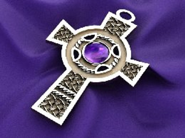 Celtic cross with amethyst center stone and braid around the center stone. in 14K gold, cross weighs 78 grams. This is a CAD design which allows it to be madein different specifications- price will be quoted