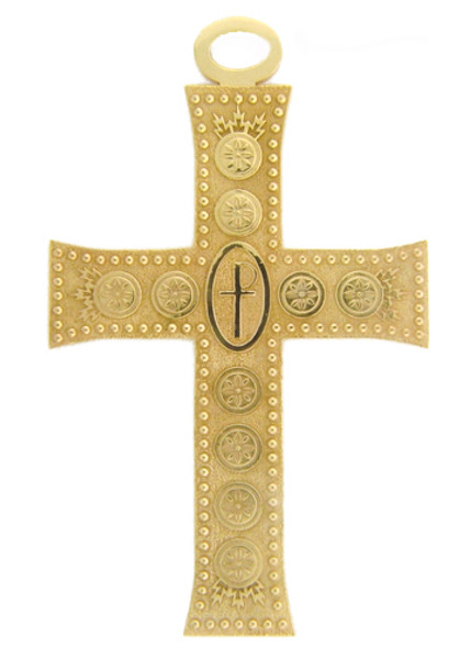 **Permission is needed to purchase**CAD designed pectoral cross. Center has a raised dome with an cross cut into it. 
 Garnes Cross