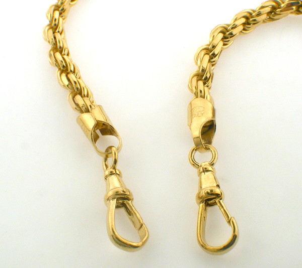42 inch 5.5mm solid sterling rope chian with 14k gold plating.  Chain weighs approx 113 grams.  Available with 1 or 2 swivel hooks




Second Picture shows 4.2mm vs 5.5mm




Also available with no gold plating