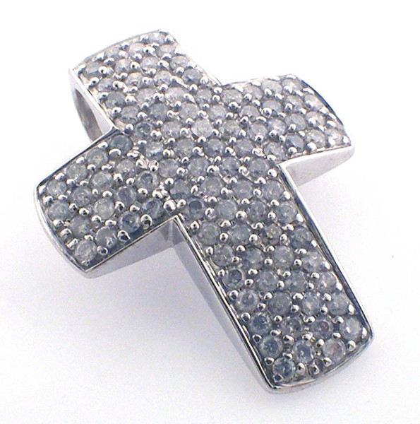 14 karat white gold diamond cross weighing 2.5 dwt.  Diamonds weigh a total of approx 1.0 ct tw