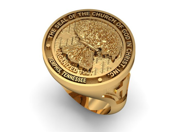 This is our COGIC Ring has the COGIC seal on it.  It's 22 mm round and weighs 40 grams in 14 karat yellow gold.