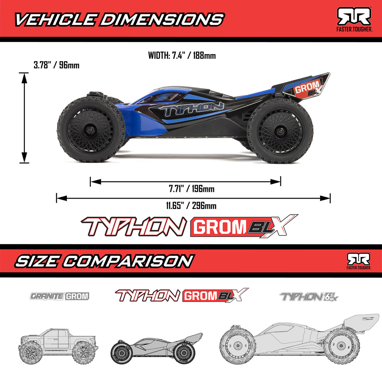 Arrma 1/14 TYPHON GROM 223S DSC 4X4 RTR Brushless Buggy, Blue