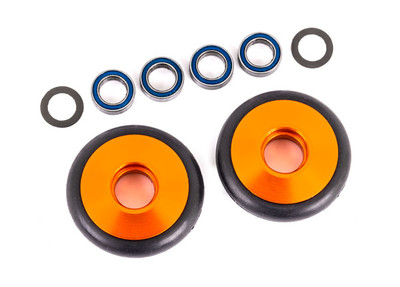 Wheels, wheelie bar, 6061-T6 aluminum (orange-anodized) (2)/ 5x8x2.5mm ball bearings (4)/ o-rings (2)/ 5x8x0.3mm TW (2)
