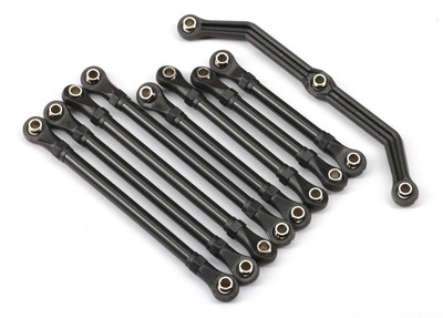 Suspension link set, complete (front & rear) (includes steering link (1), front lower links (2), front upper links (2), rear lower links (4)) (assembled with hollow balls)
Suspension link set, complete (front & rear) (includes steering link (1), front lower links (2), front upper links (2), rear lower links (4)) (assembled with hollow balls)