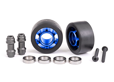 Wheels, wheelie bar, 6061-T6 aluminum (blue-anodized) (2)/ axle, wheelie bar, 6061-T6 aluminum (2)/ 10x15x4 ball bearings (4)
